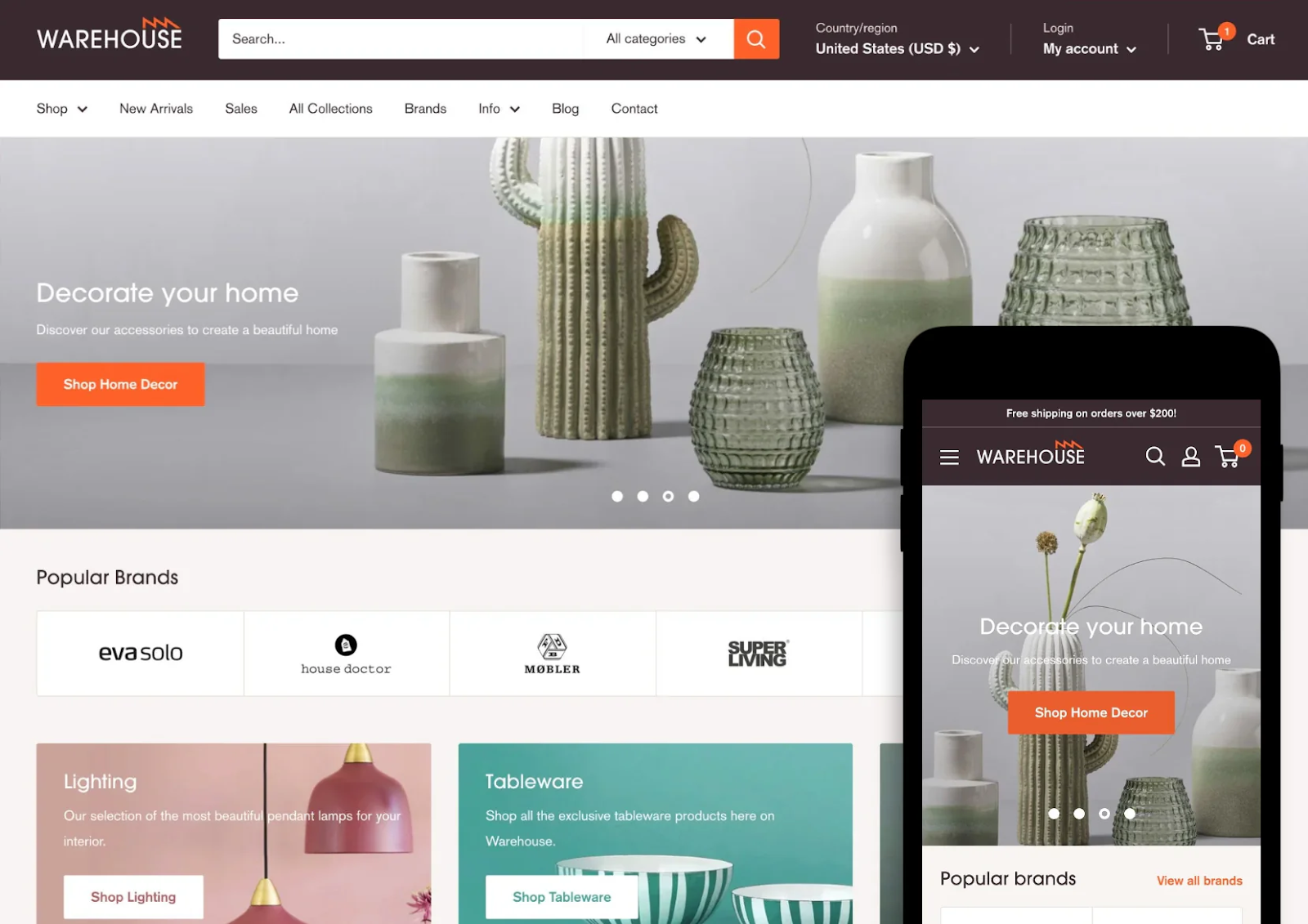 Desktop And Mobile Preview For Warehouse Theme In The Default Style