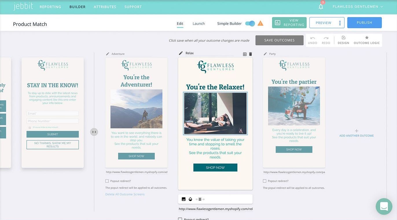 Jebbit Product Match Page With Various Options For Outcomes.