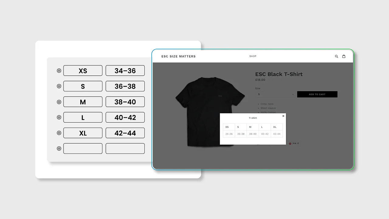 ESC ‑ Size Charts & Size Guide interface
