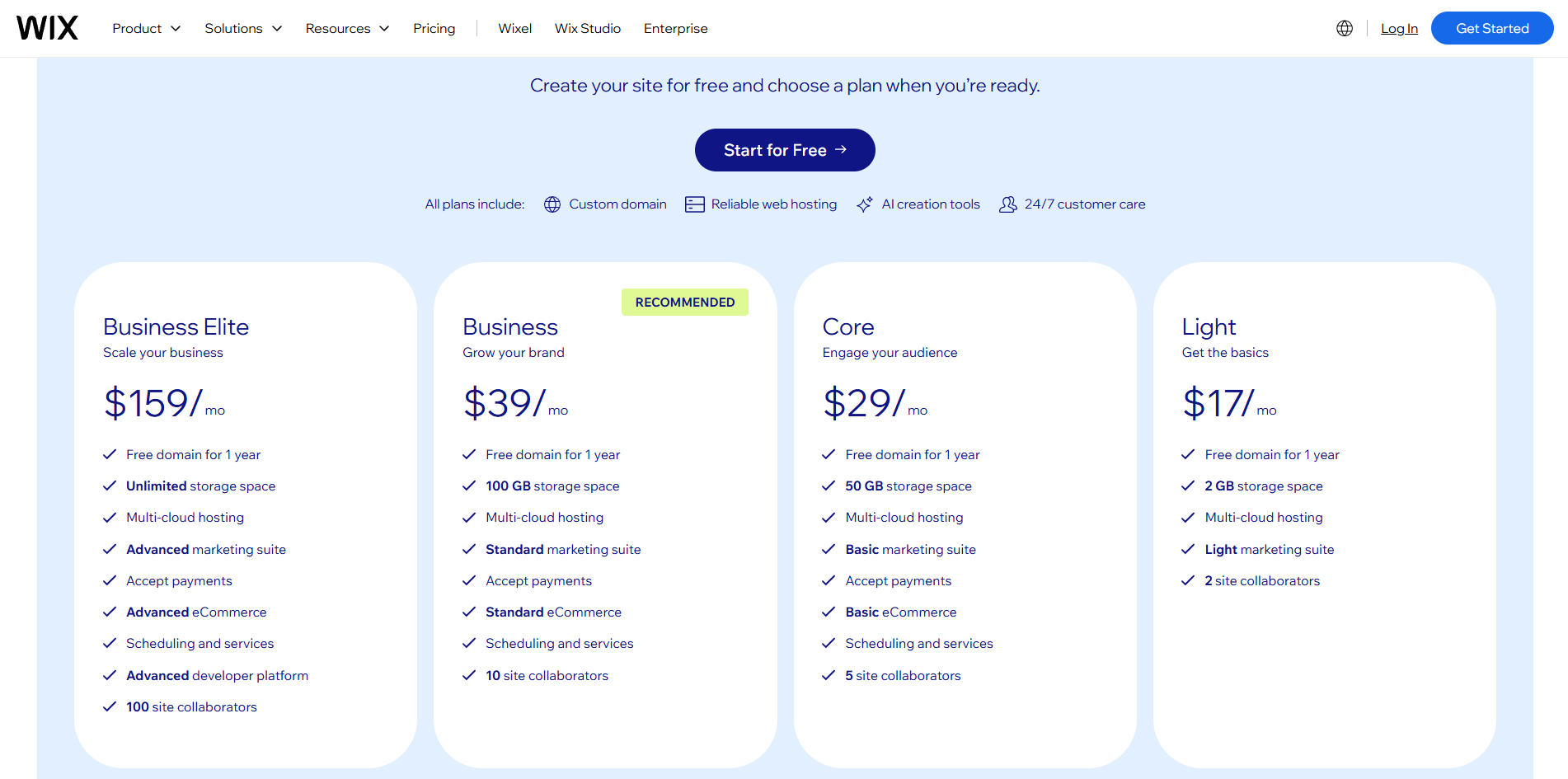 wix pricing plan
