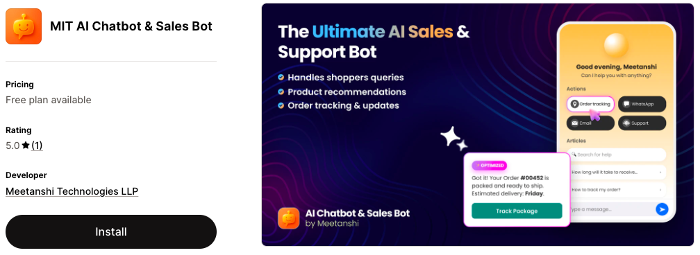 5 Best Shopify AI Chatbot Apps - 2026 | Top Picks 2 shopify app listing MIT AI Chatbot & Sales Bot