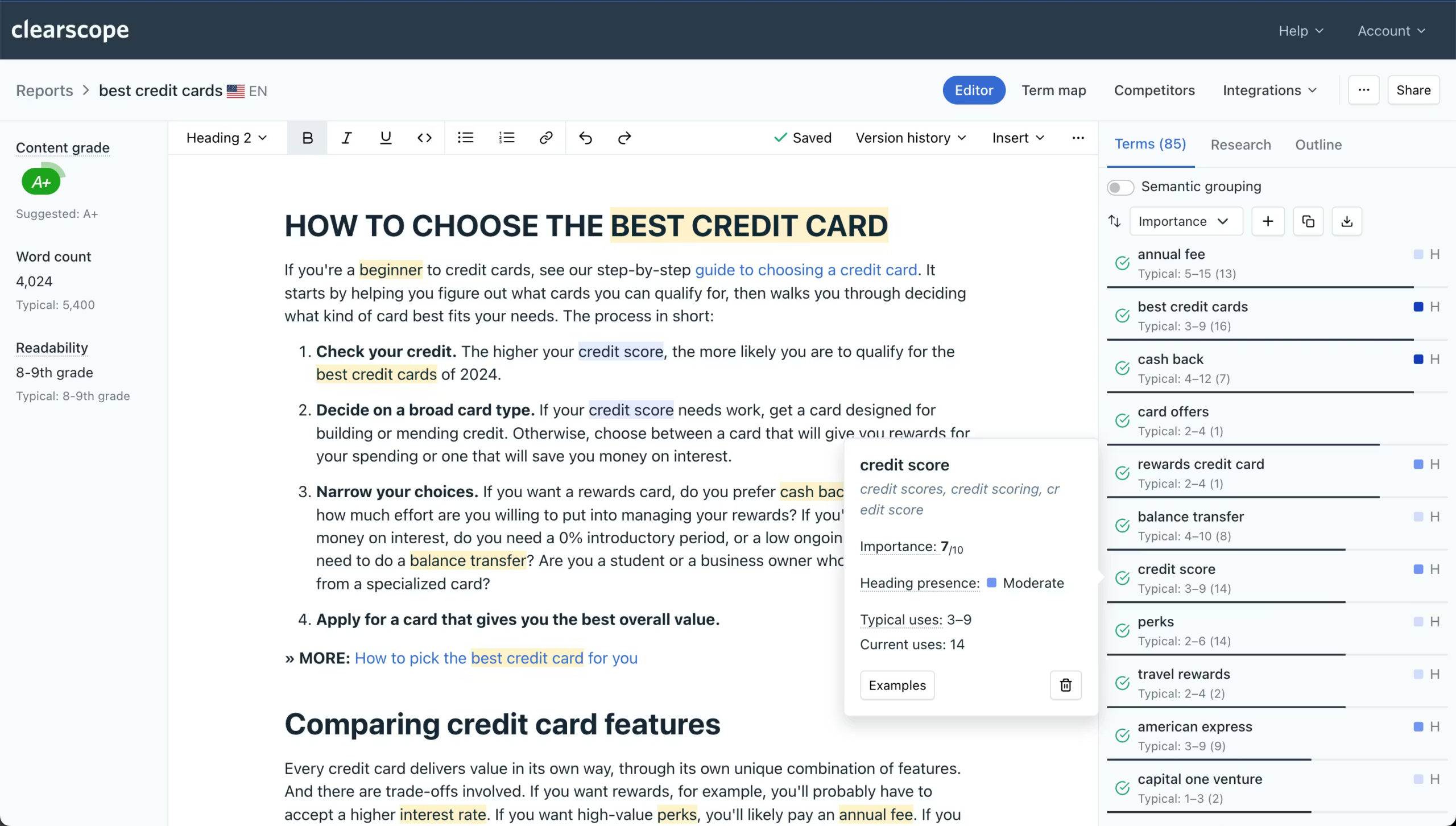 clearscope interface
