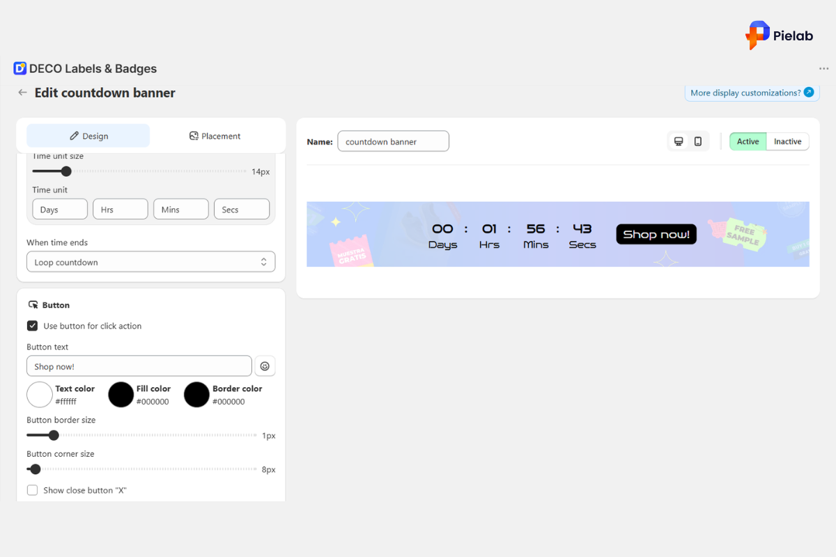Shopify countdown timer showing shipping cutoff hours and minutes remaining on product page