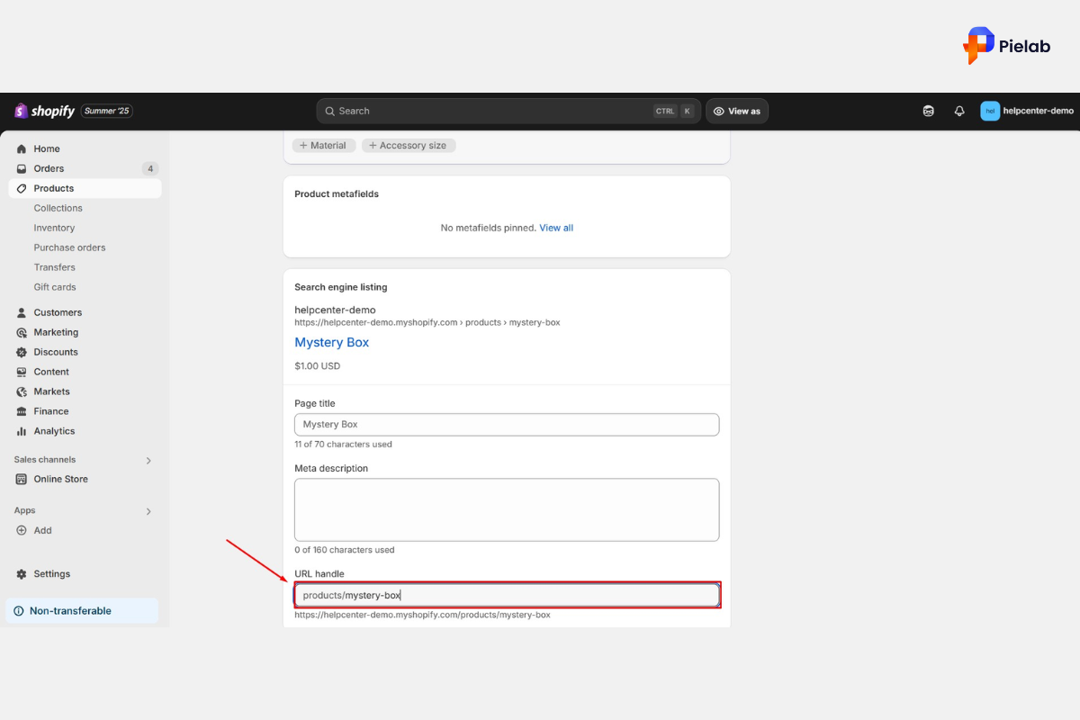 Shopify URLs change URL handle in Search engine listing section of Shopify admin product page