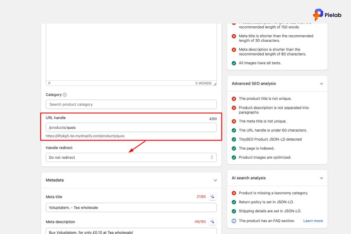 Shopify URLs best practices showing keyword-rich handles, lowercase letters, and redirect setup in Shopify admin