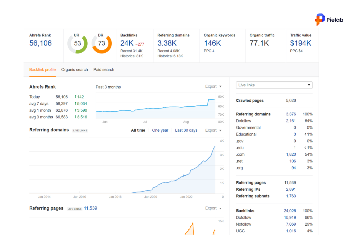 A full backlink profile breakdown showing dofollow backlinks, referring domains, and link equity distribution across your store's pages.