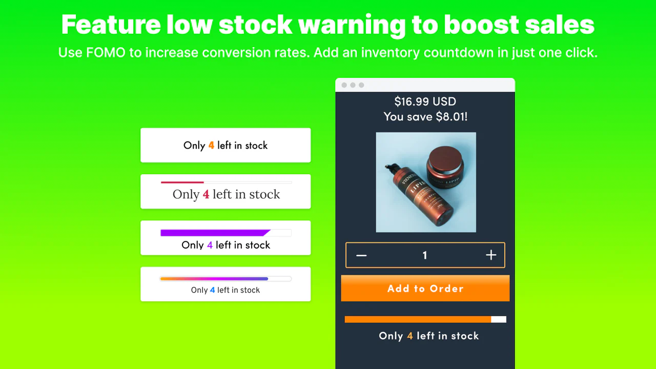 Conversion rate improvement showing countdown timer and low stock label on Shopify product page