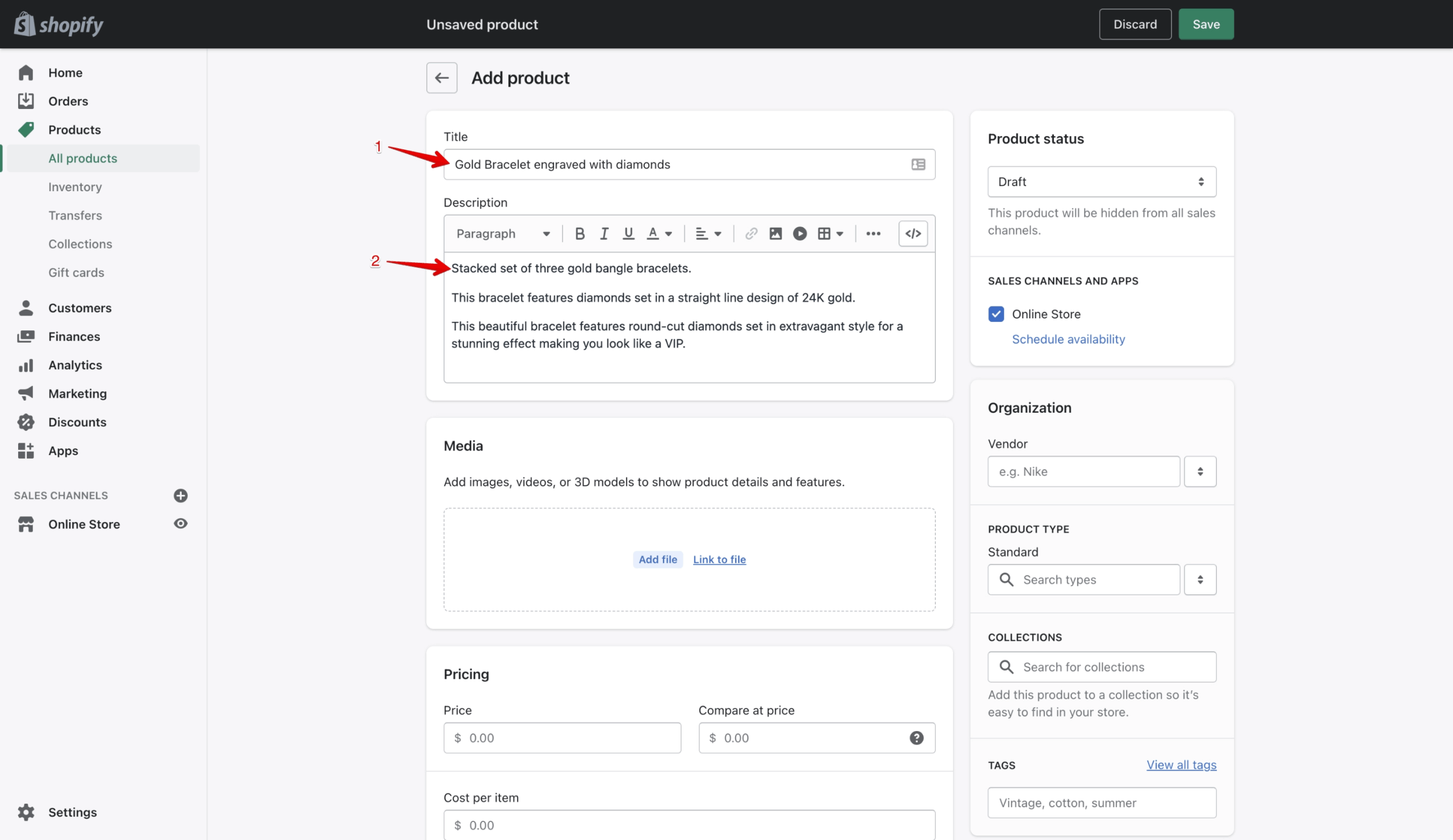 Shopify business product setup showing Add Product screen in Shopify admin with title description and images