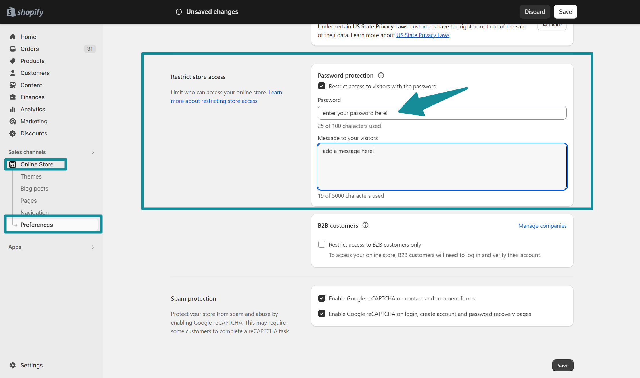 Shopify business launch step showing password protection toggle in Online Store Preferences settings