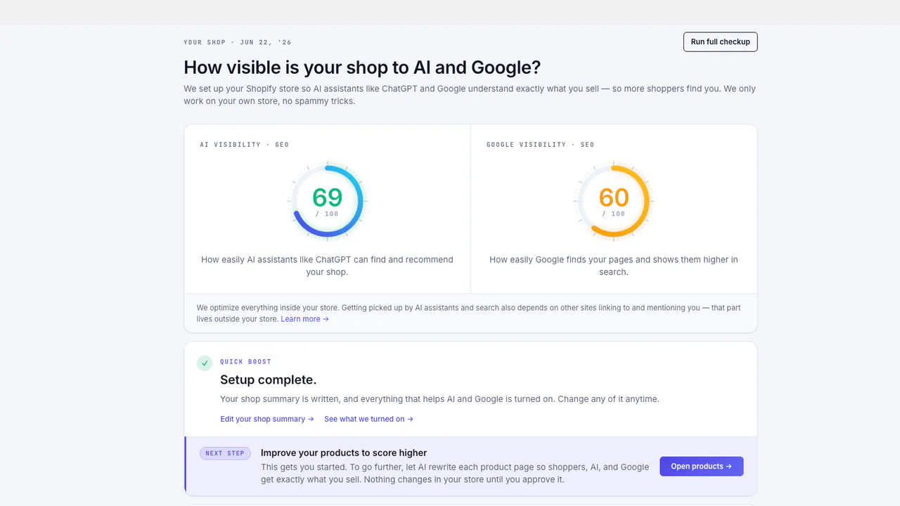 Best Shopify Apps for SEO in 2026: An Honest Comparison 3 Best Shopify apps comparison showing AI search and AEO readiness features including LLMs.txt and structured data