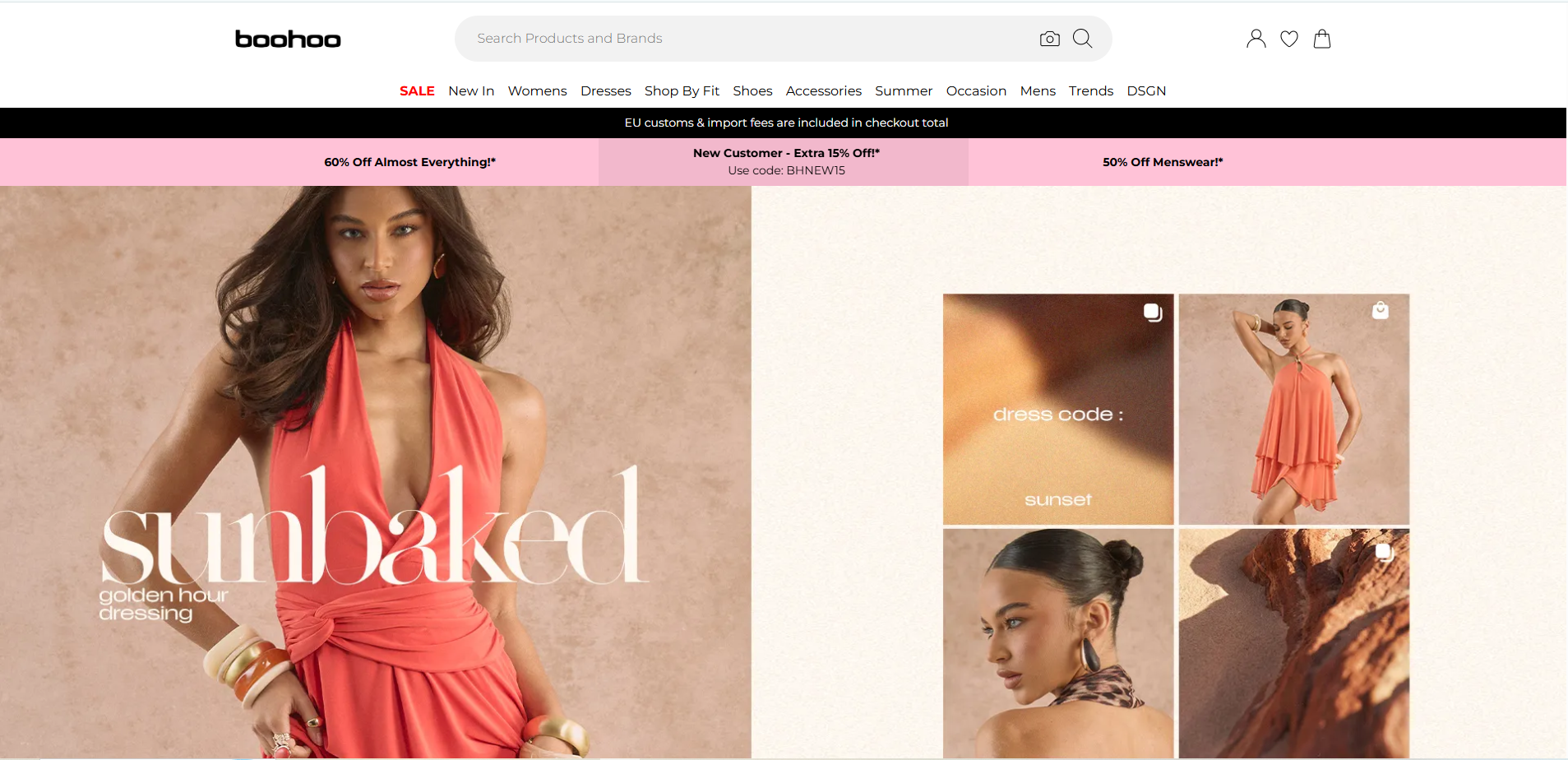 Shopify Clothing Stores: 9 Inspiring Brilliant Examples 2 Shopify clothing stores example showing Boohoo fast fashion website with new arrivals section and discount banner