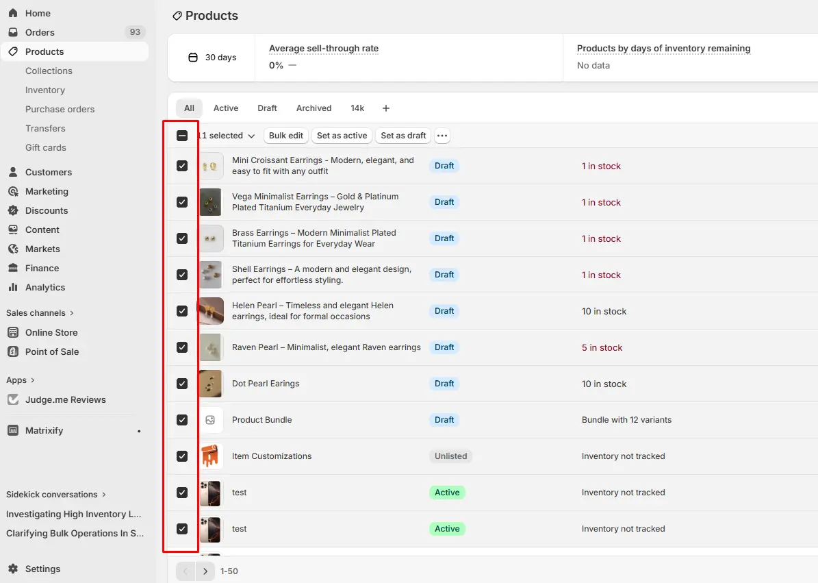 Shopify product tags bulk editor showing Tags column with multiple products being tagged simultaneously in admin