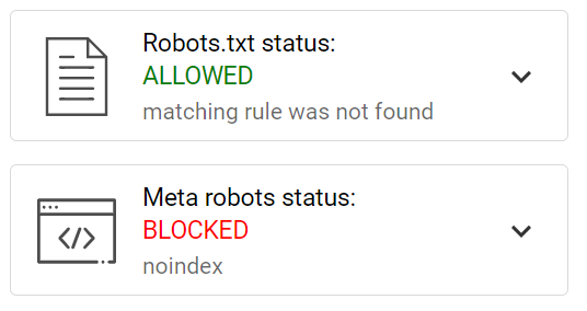 Shopify product page source code highlighting a robots meta noindex tag and a canonical link