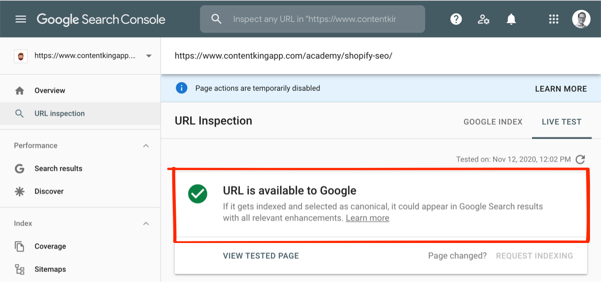Google Search Console URL Inspection result showing a Shopify product URL that is not on Google