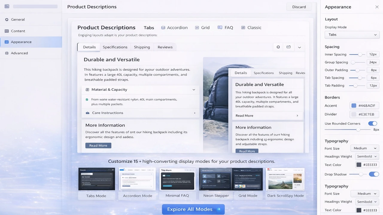 Shopify product page description layout