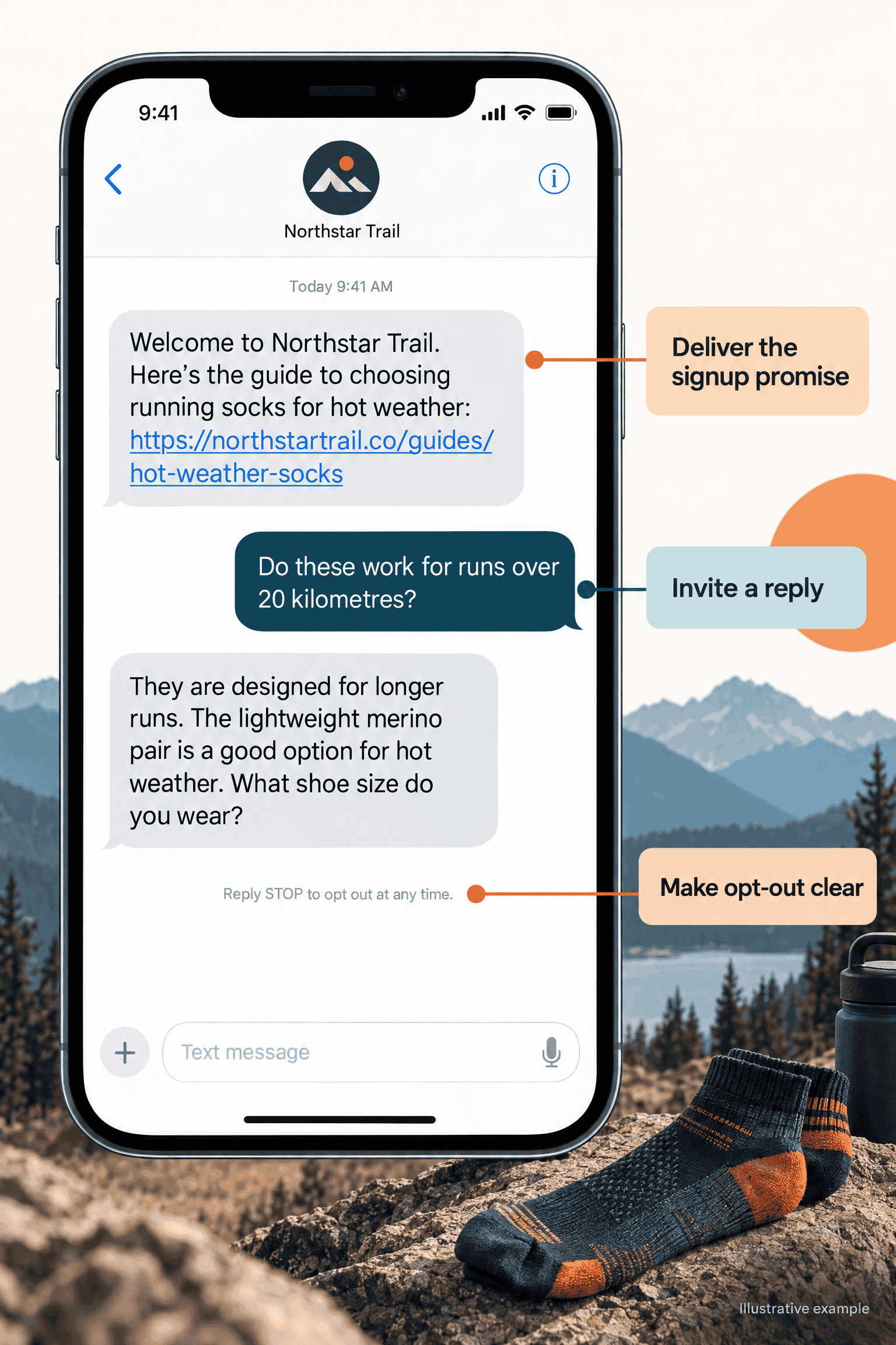 Illustrative SMS conversation for a fictional store. Product details are examples.